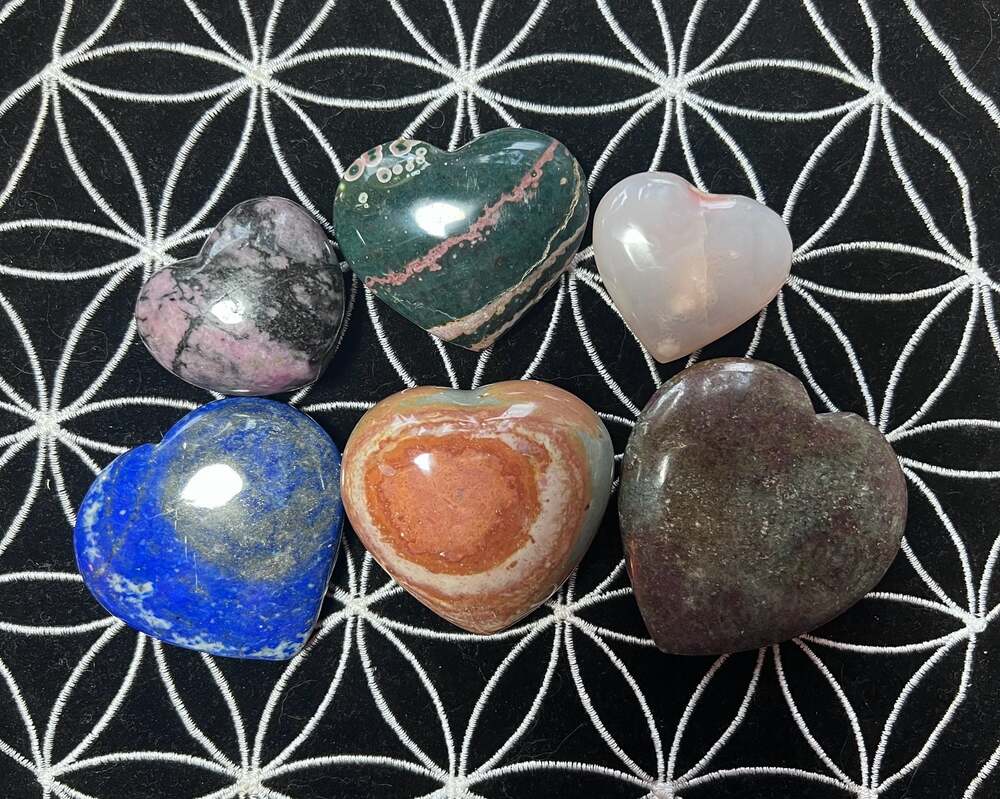 Set of 6 Polished Mixed Natural Gemstone Palm Stone Hearts
